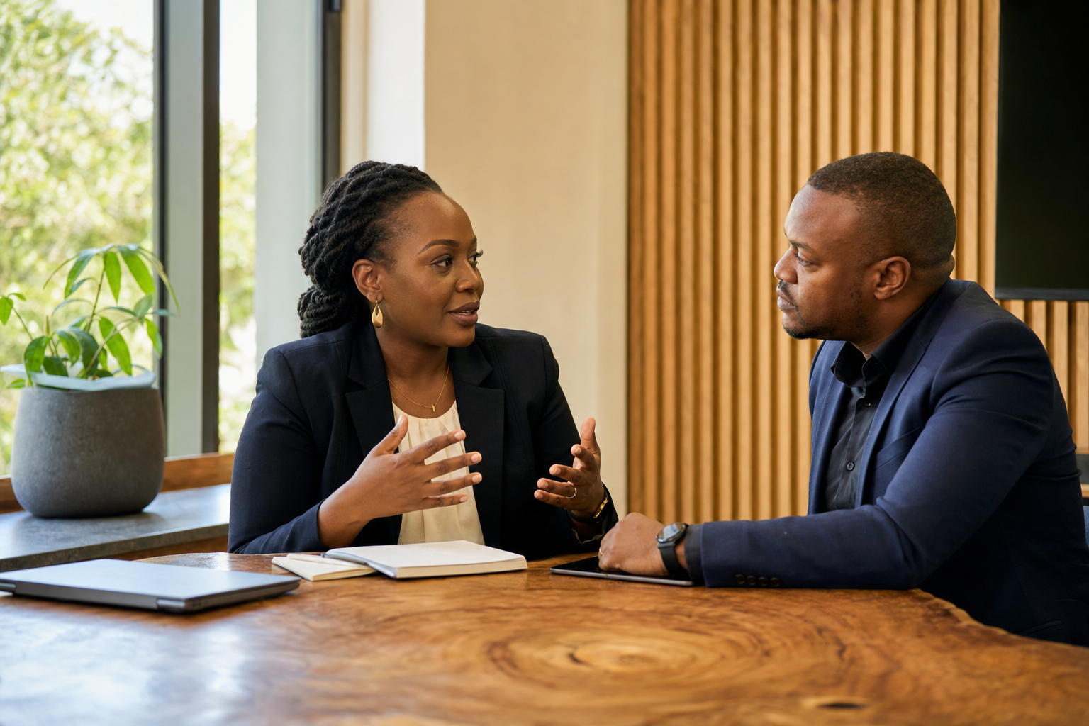A payroll specialist talking with a business leader.